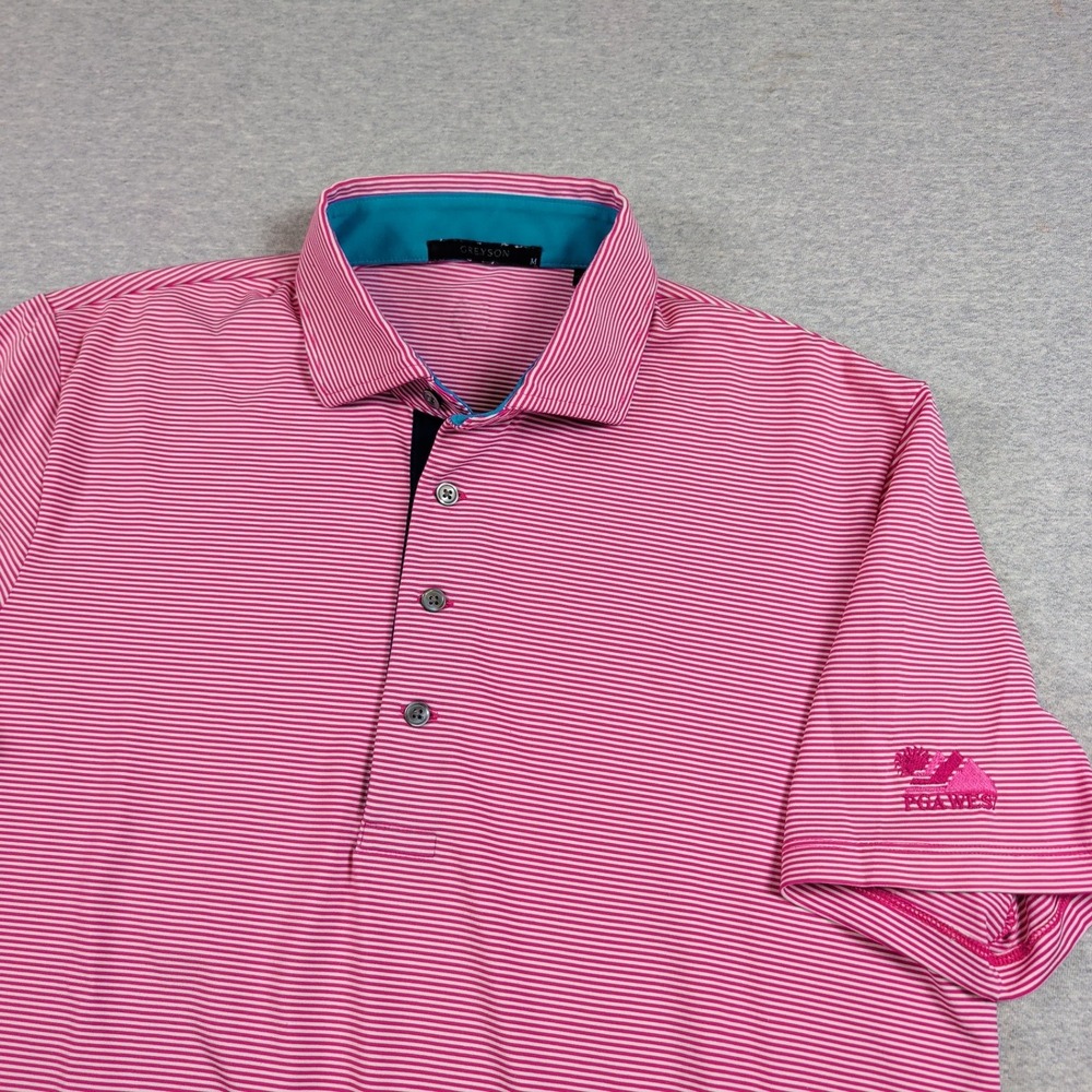 Greyson Mens Pink White Striped PGA West Golf Polo Shirt Size M Short Sleeve